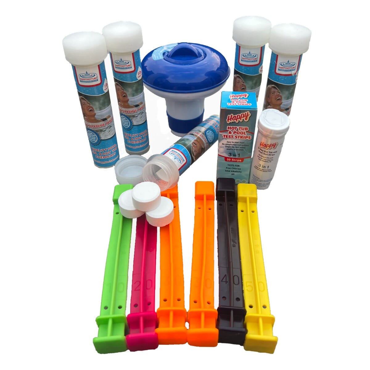 Happy Hot Tubs End of Summer Splash Pack Chlorine Tablets Test Strips Dive Sticks for Pools and Hot Tubs