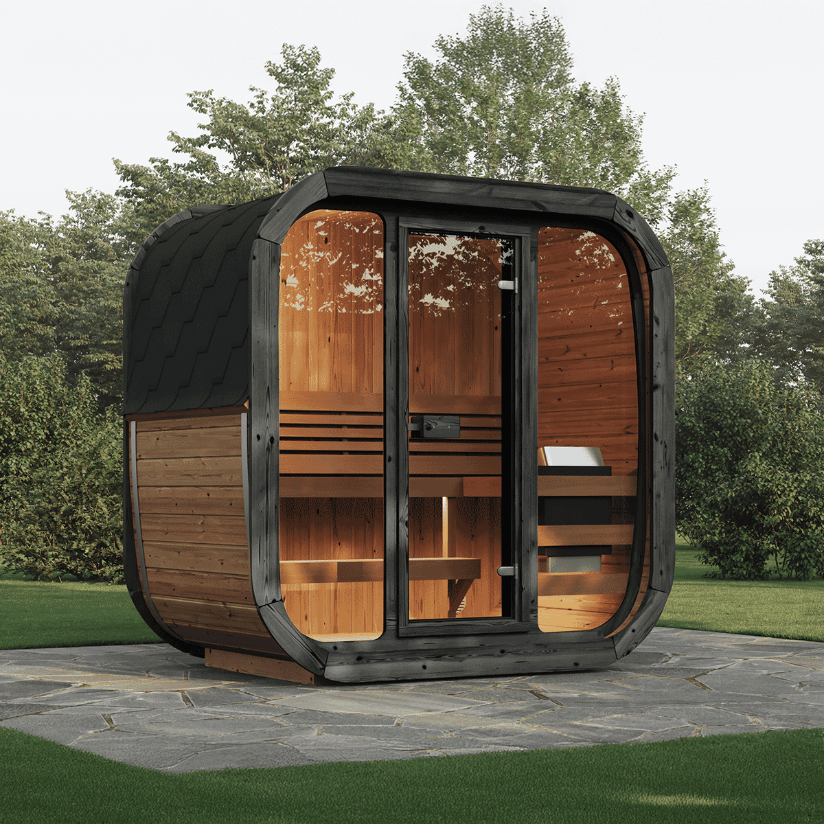 Happy Hot Tubs garden sauna range on display